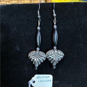 NWT Elegant Silver Obsidian & Sterling Silver Dangle Earrings